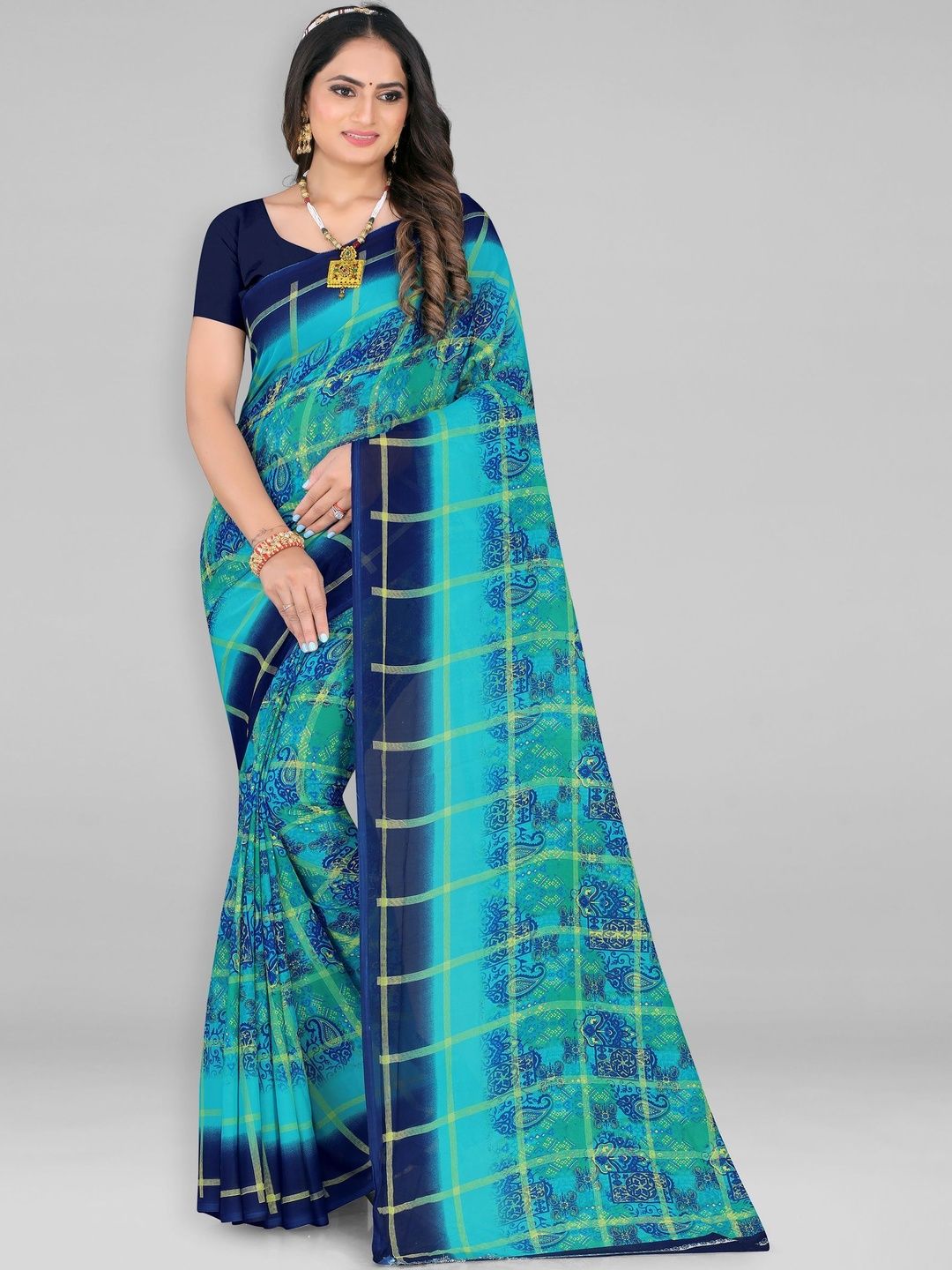SZN Checked Poly Georgette Saree-picture-28