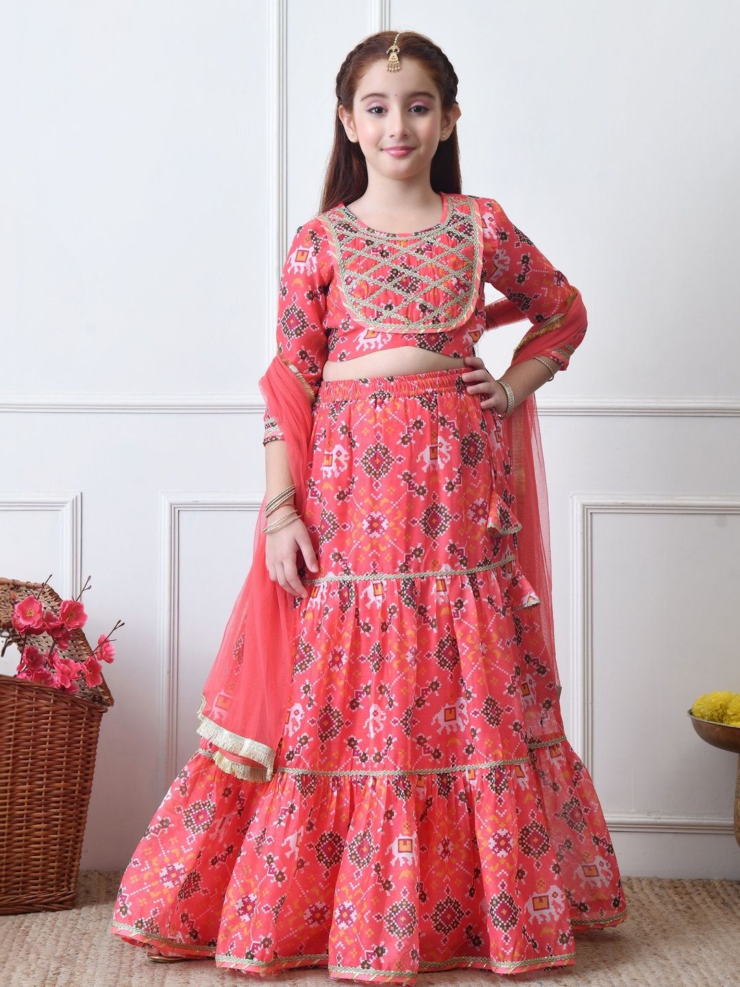 House of Pataudi Girls Printed Round Neck Flared Lehenga Choli with Dupatta-picture-28