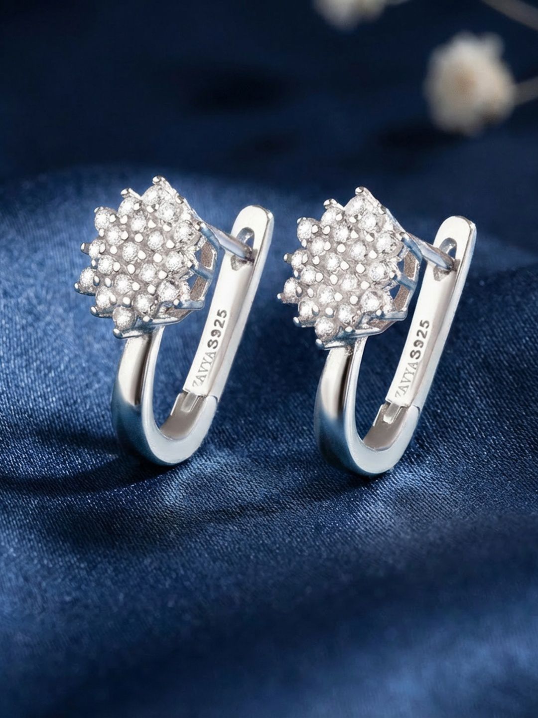 Zavya 92.5 Pure Silver Rhodium-Plated Cubic Zirconia Studded Floral Drop Earrings-picture-37