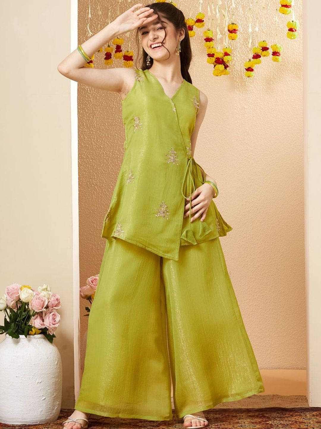 CurlyTales Girls Ethnic Motifs Embroidered Angrakha Thread Work Pure Silk Kurta with Palazzos-picture-38
