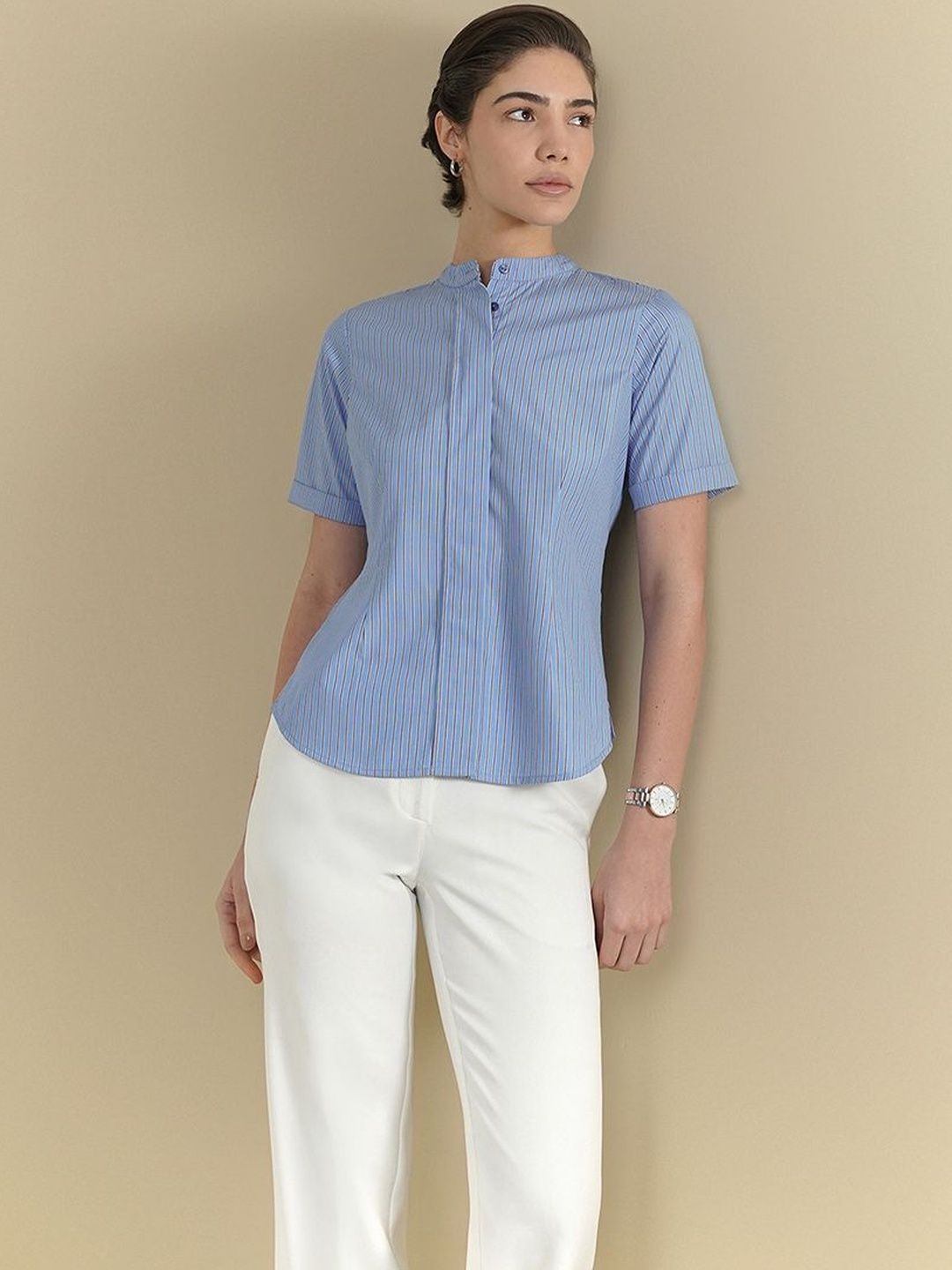 fable street FableStreet Striped Mandarin Collar Cotton Top-picture-14