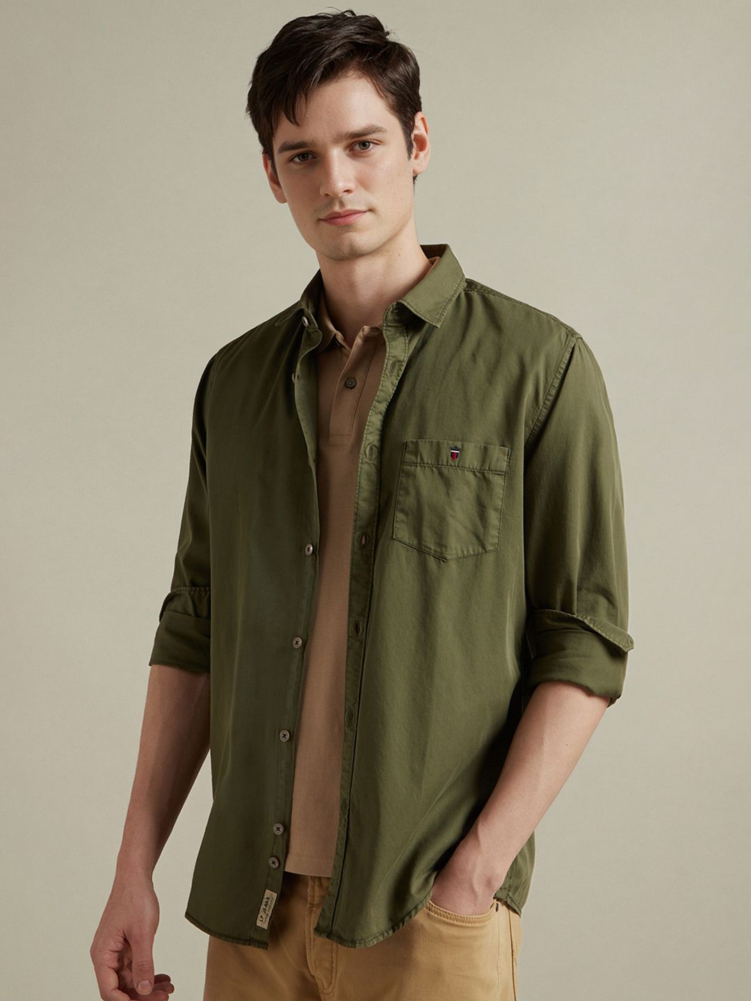 Louis Philippe Jeans Men Olive Green Slim Fit Solid Casual Shirt
