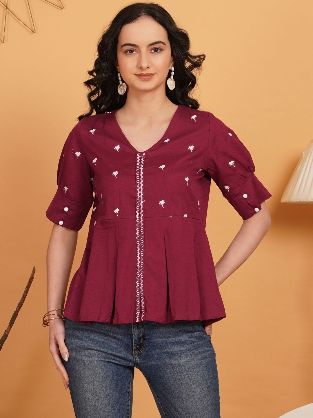 URBAN DHAGA Botanical Embroidered V-Neck Thread Work Pure Cotton Blend Thread Work Kurti-picture-46
