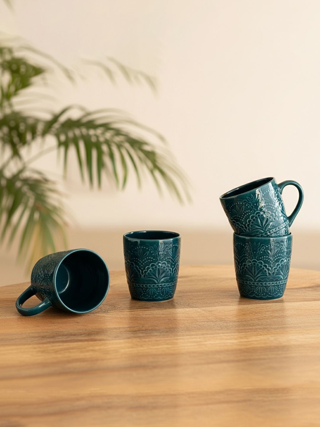 ExclusiveLane Teal Handcrafted and Hand Painted Printed Ceramic Glossy Cups Set of Cups and Mugs-image-40