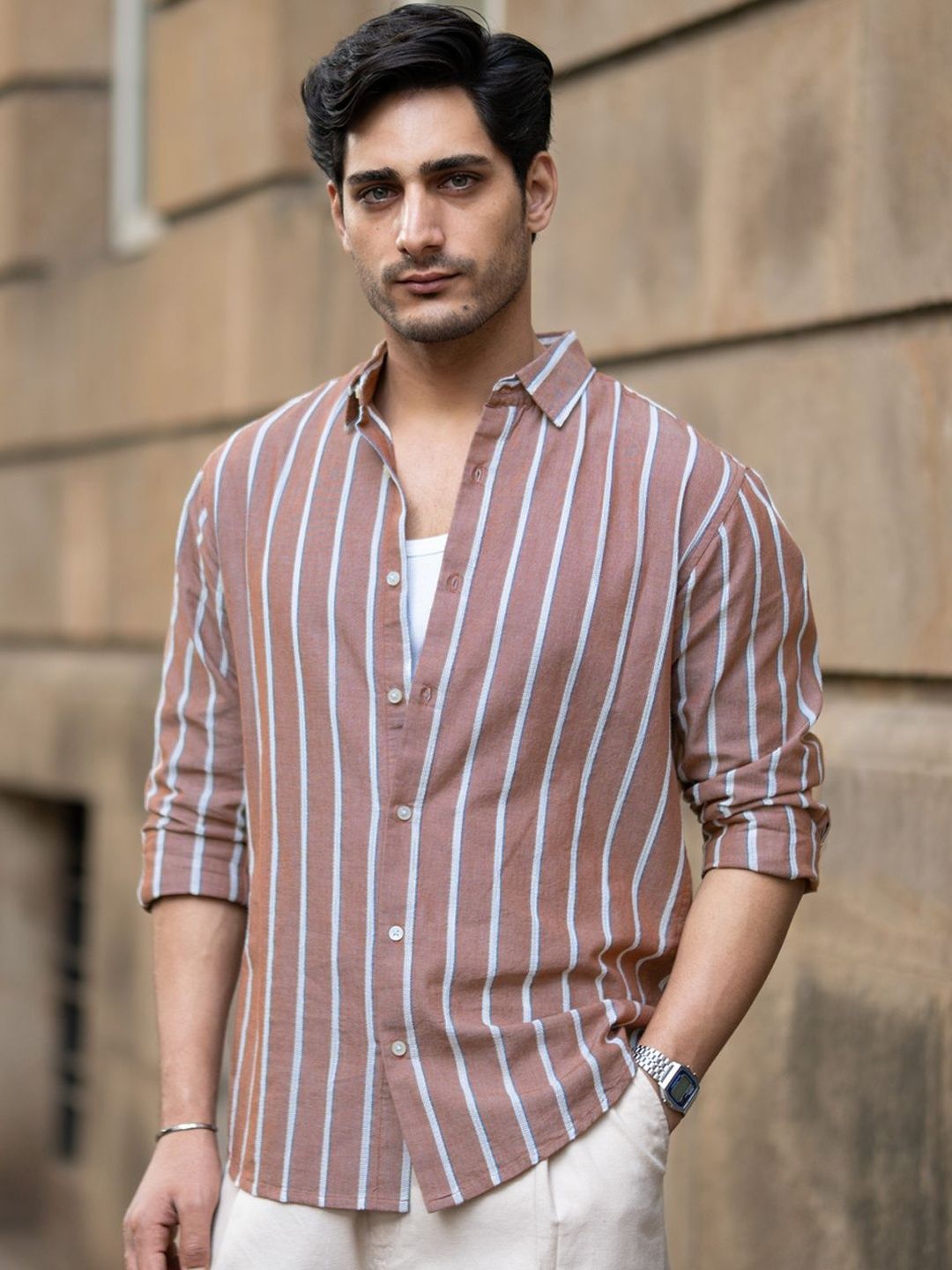 Powerlook Brown Structured Stripe Shirt-picture-10