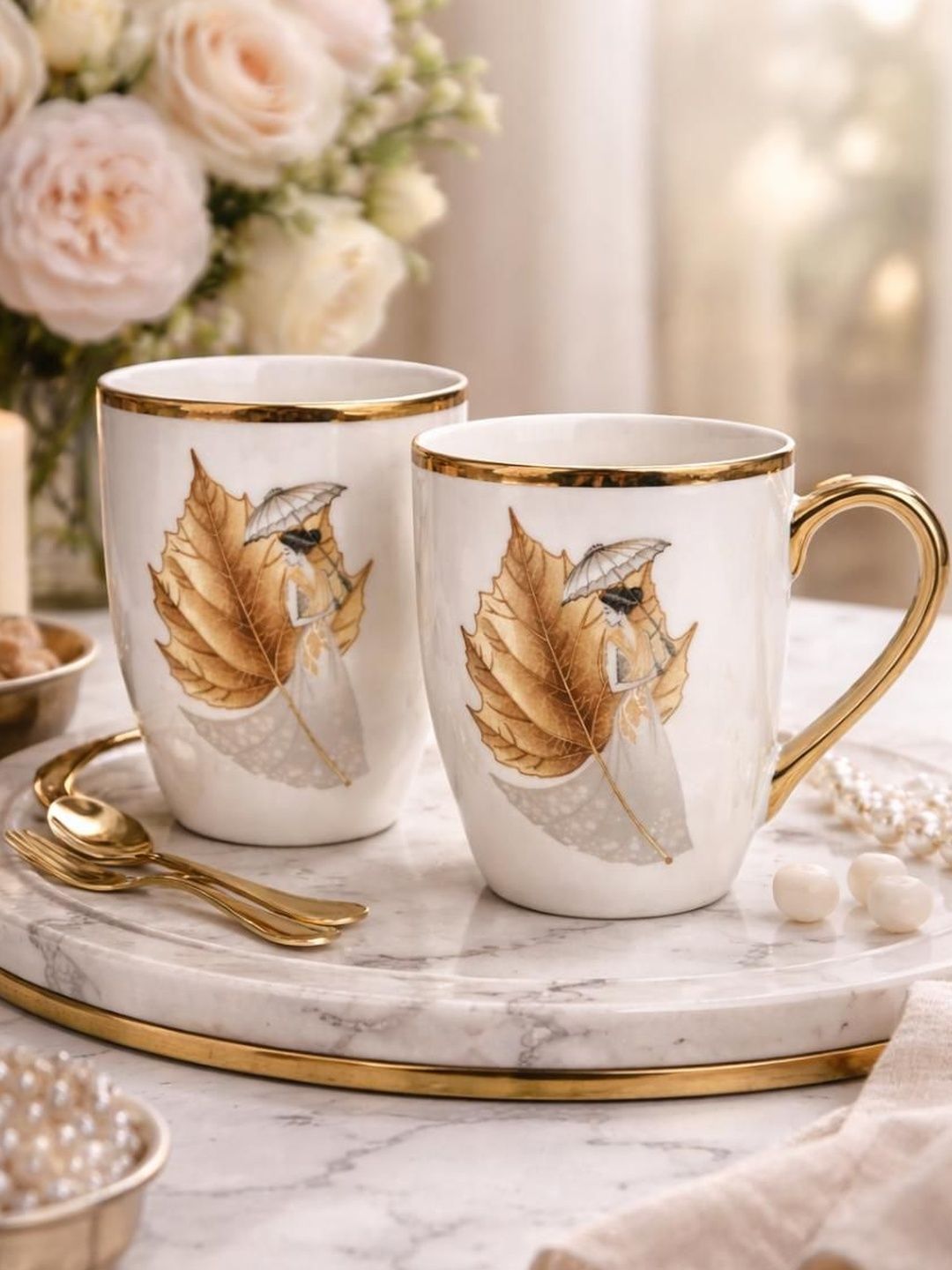 RUHANI HOMES White Printed Porcelain Glossy Mugs Set of Cups and Mugs