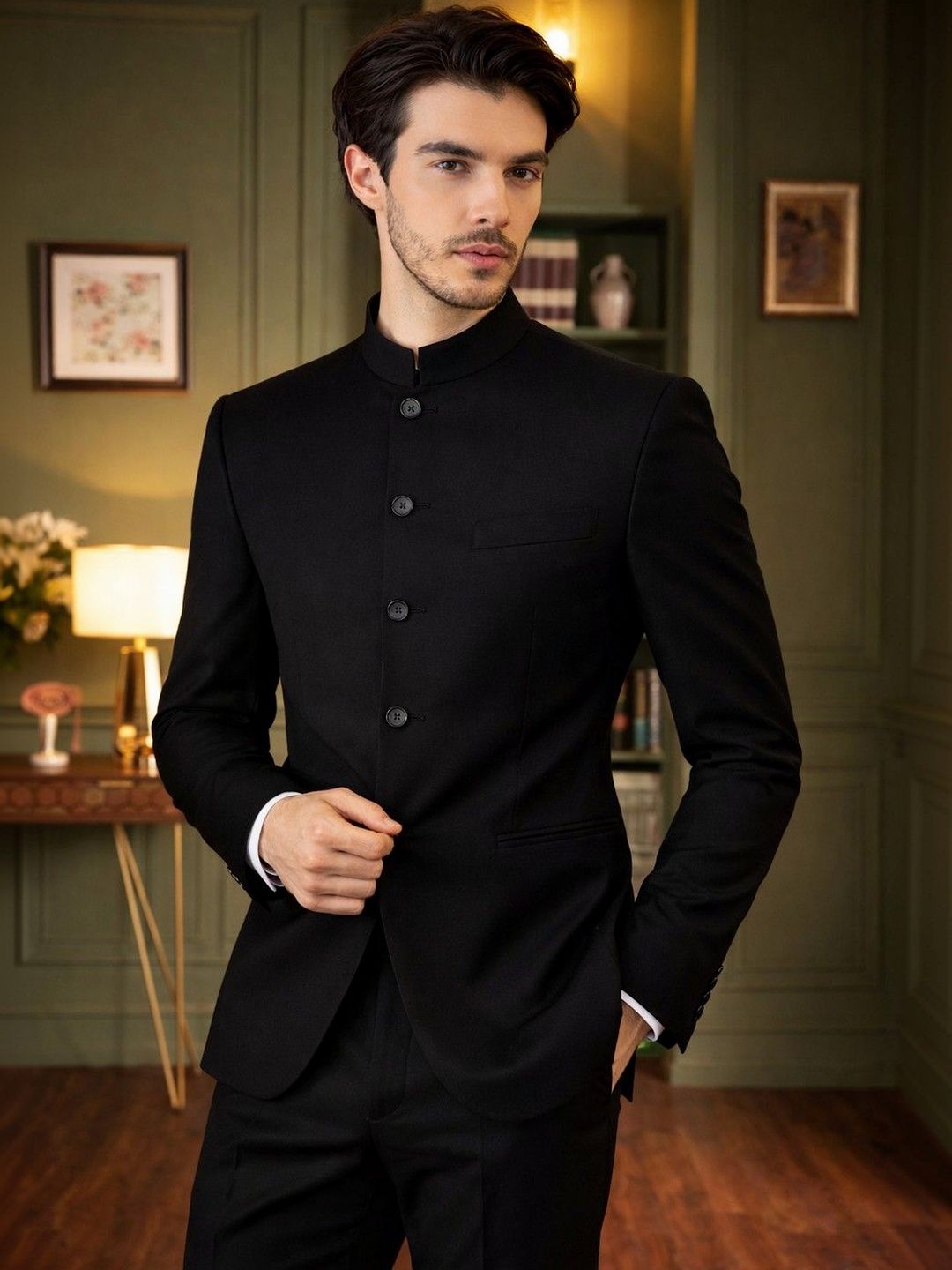 House of Pataudi Pure Cotton Mandarin Collar Jodhpuri Tailored Fit Party Blazers