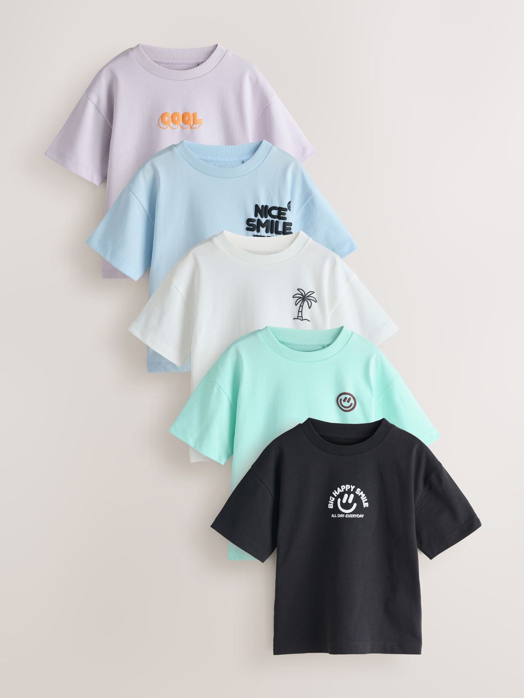 NEXT Boys Pack Of 5 Printed Relaxed Fit Drop-Shoulder Sleeves Pure Cotton T-shirts