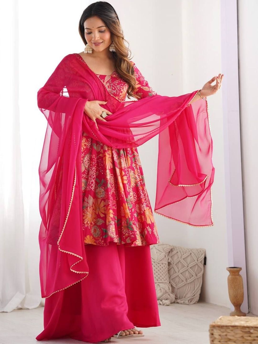 ALISHA CREATIONS Women Floral Printed Tiered Chanderi Silk Kurta with Palazzos & With Dupatta-image-14