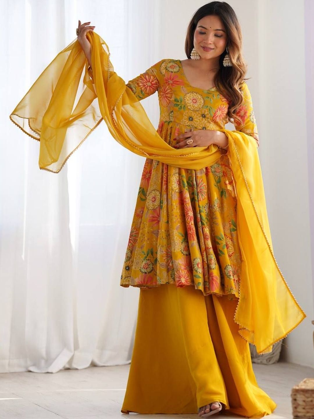 ALISHA CREATIONS Women Floral Printed Empire Chanderi Silk Kurti with Palazzos & With Dupatta-picture-54