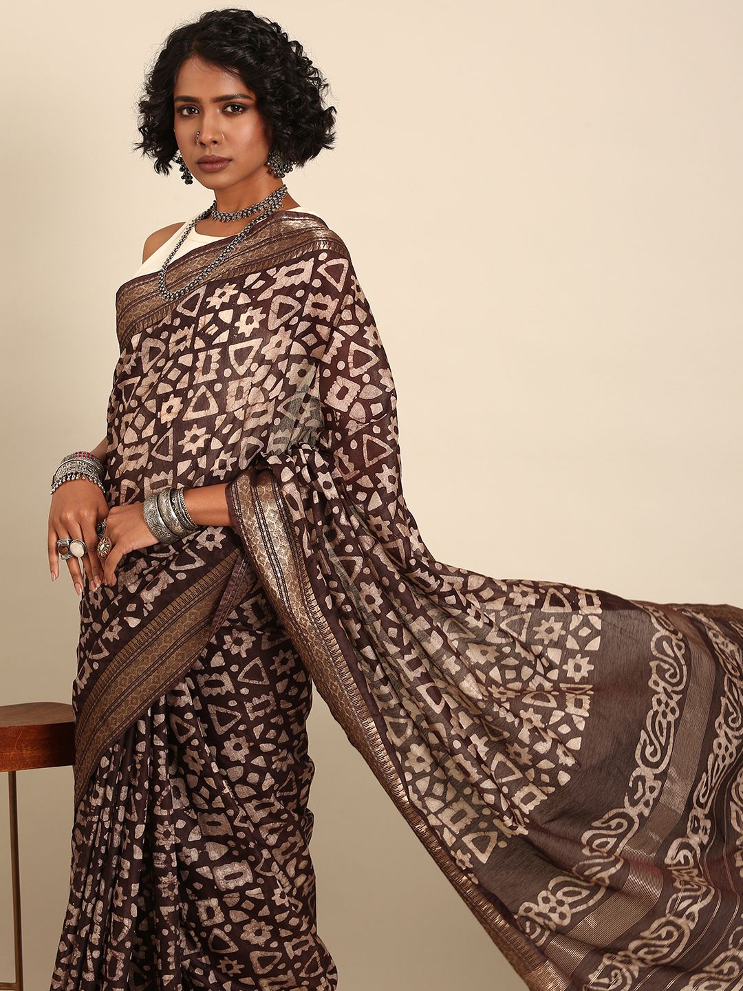 Taavi Batik Silk Blend Handloom Block Print Saree-image-44