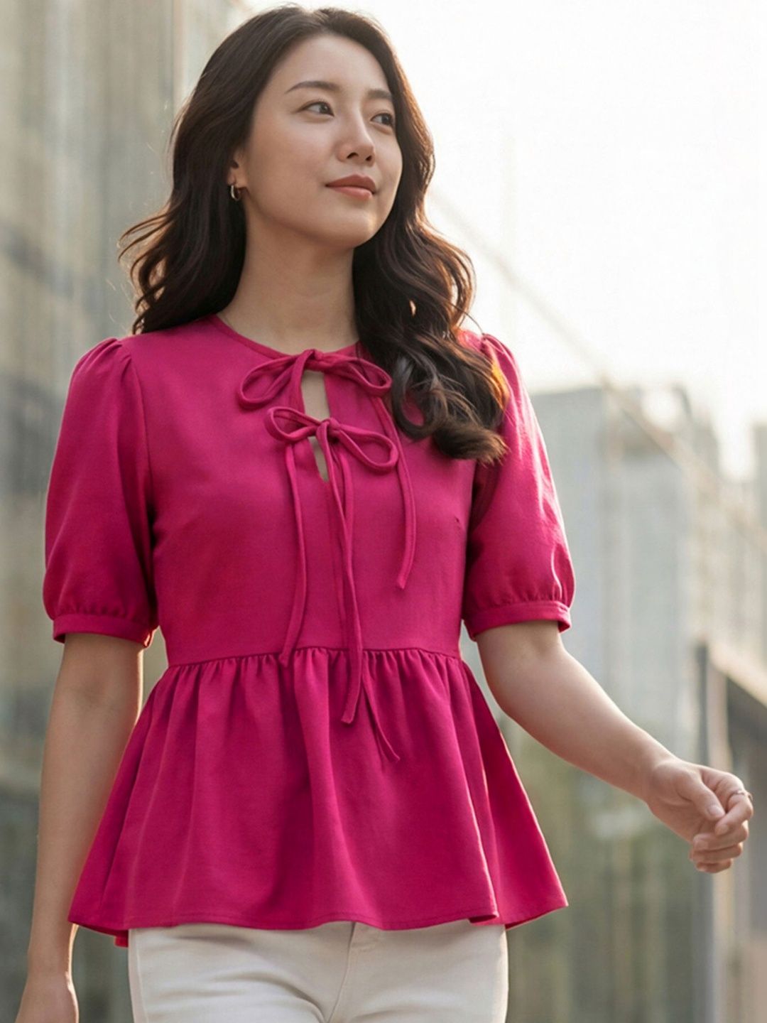 Selvia Edge Tie-Up Neck Puff Sleeve Peplum Top-picture-21