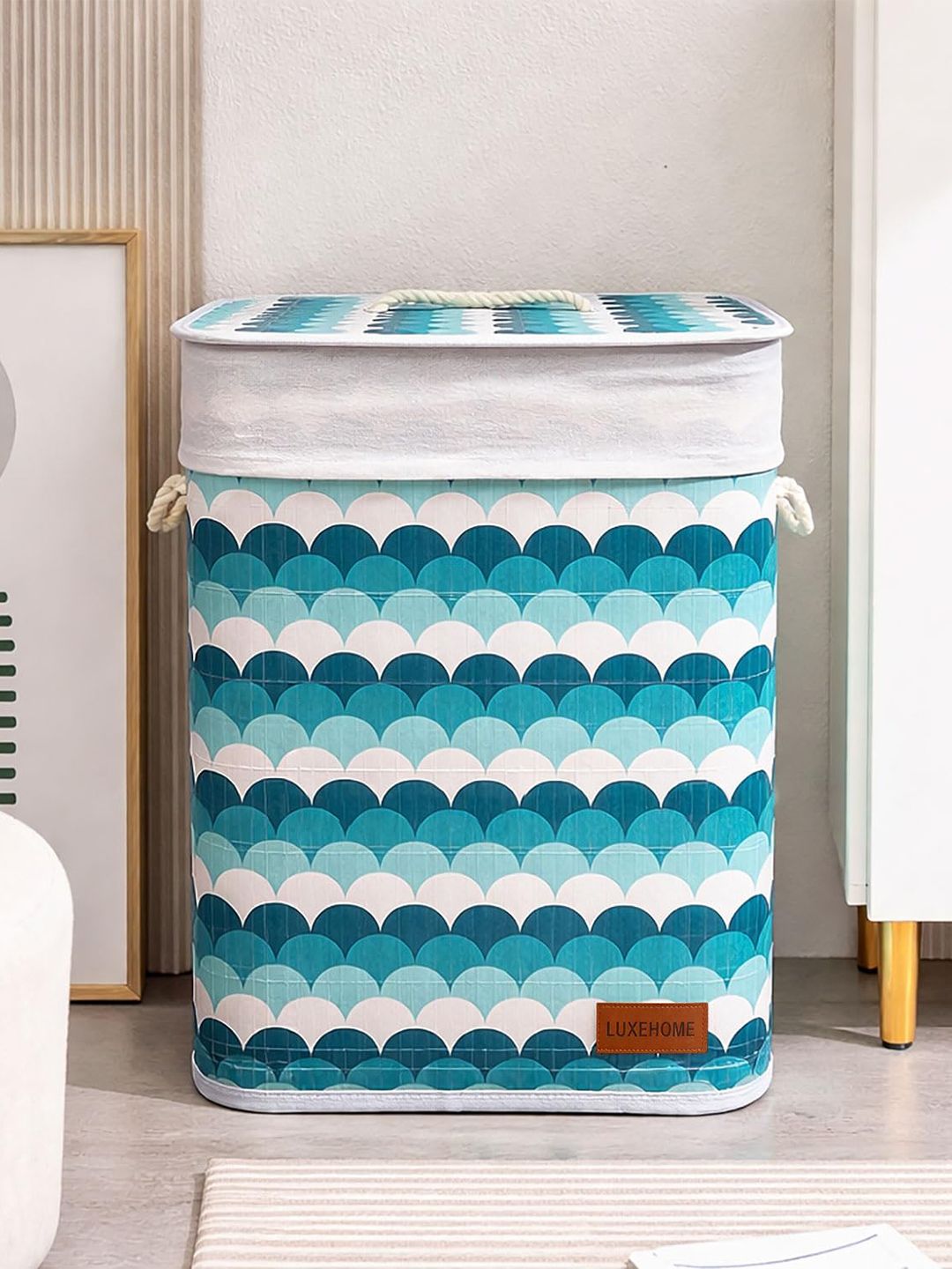 LUXEHOME INTERNATIONAL Blue & White Printed Bamboo Foldable Laundry Bag With Lid-picture-51
