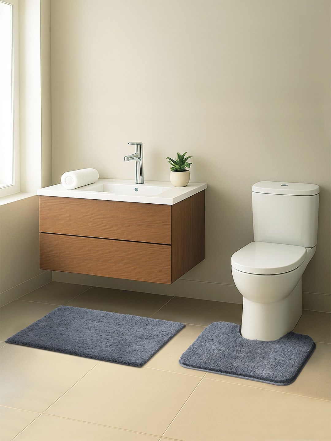 OBSESSIONS Grey Textured Anti-Skid 2-Pcs Bath Rugs-picture-25