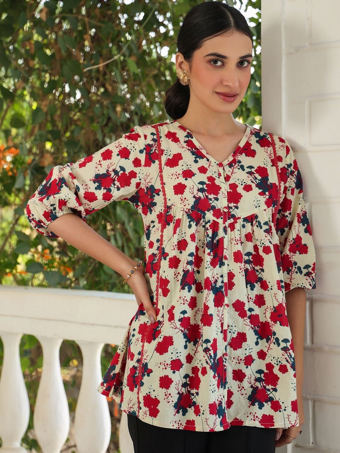 Janasya Floral Print Puff Sleeve Cotton Top-image-42