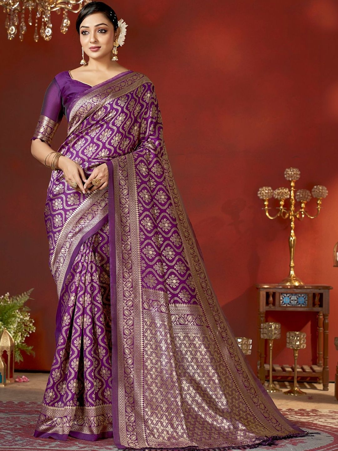 SZN Ethnic Motifs Zari Silk Blend Heavy Work Banarasi Saree-picture-22