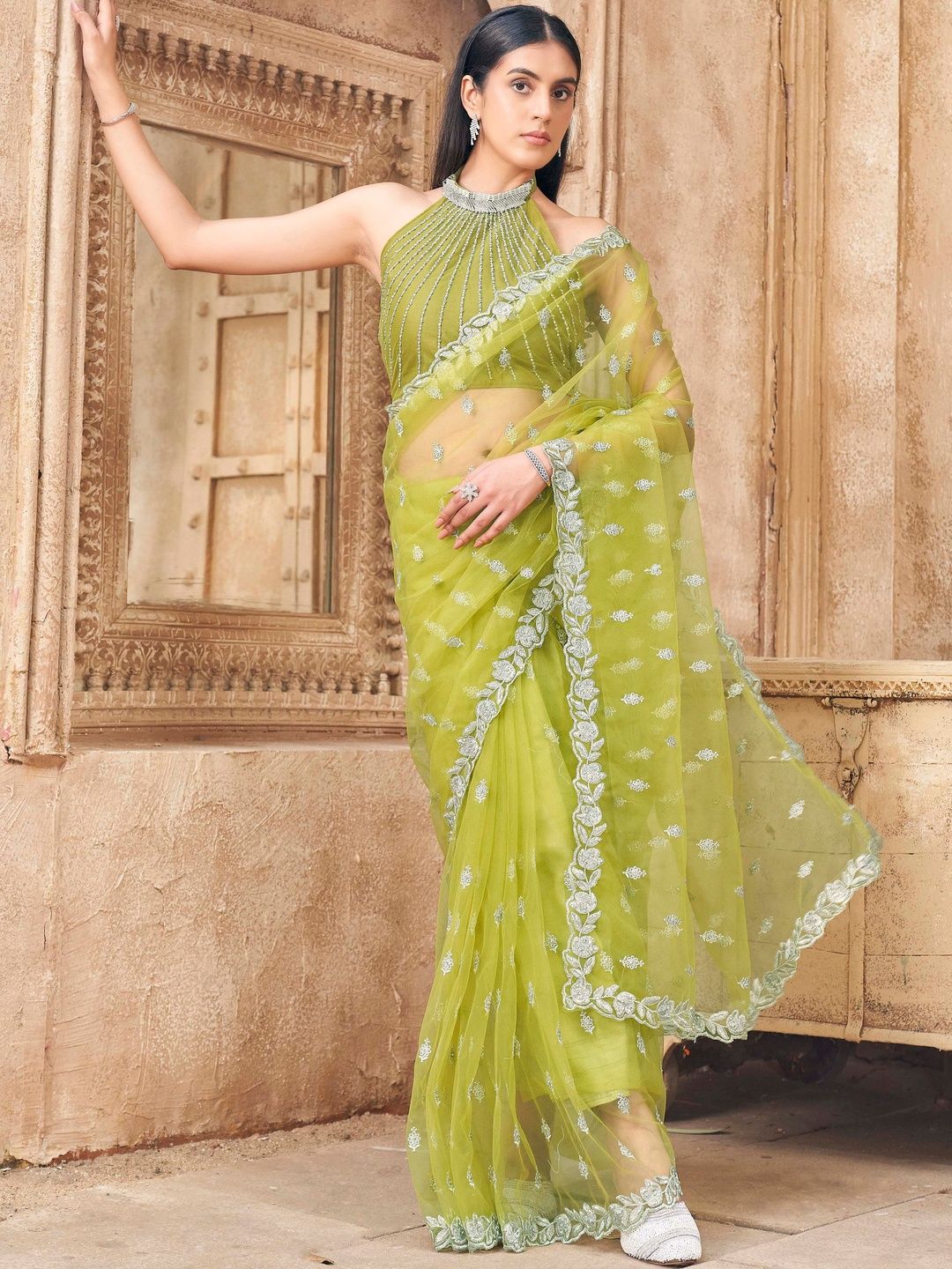 Tikhi Imli Embellished Beads and Stones Net Heavy Work Saree-picture-24