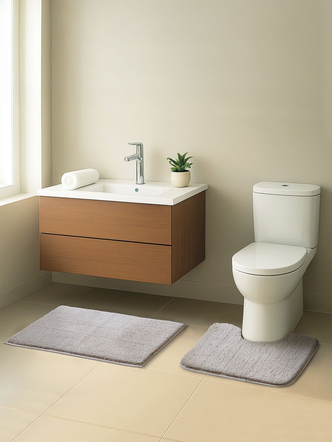 OBSESSIONS Taupe Textured Anti-Skid 2-Pcs Bath Rugs-picture-24