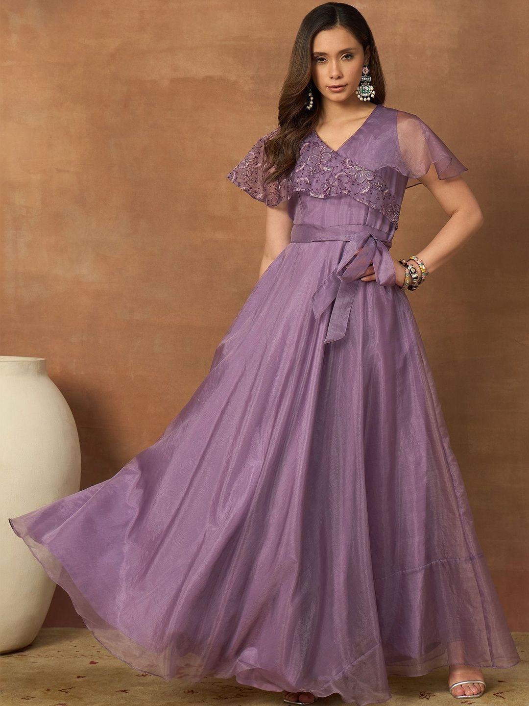Inddus Embroidered V-Neck Gown Dresses-picture-41