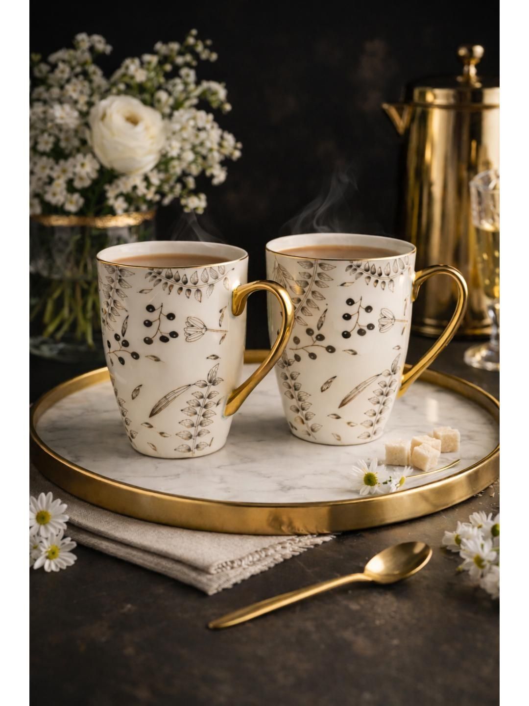 RUHANI HOMES White Handcrafted Printed Porcelain Glossy Mugs Set of Cups and Mugs