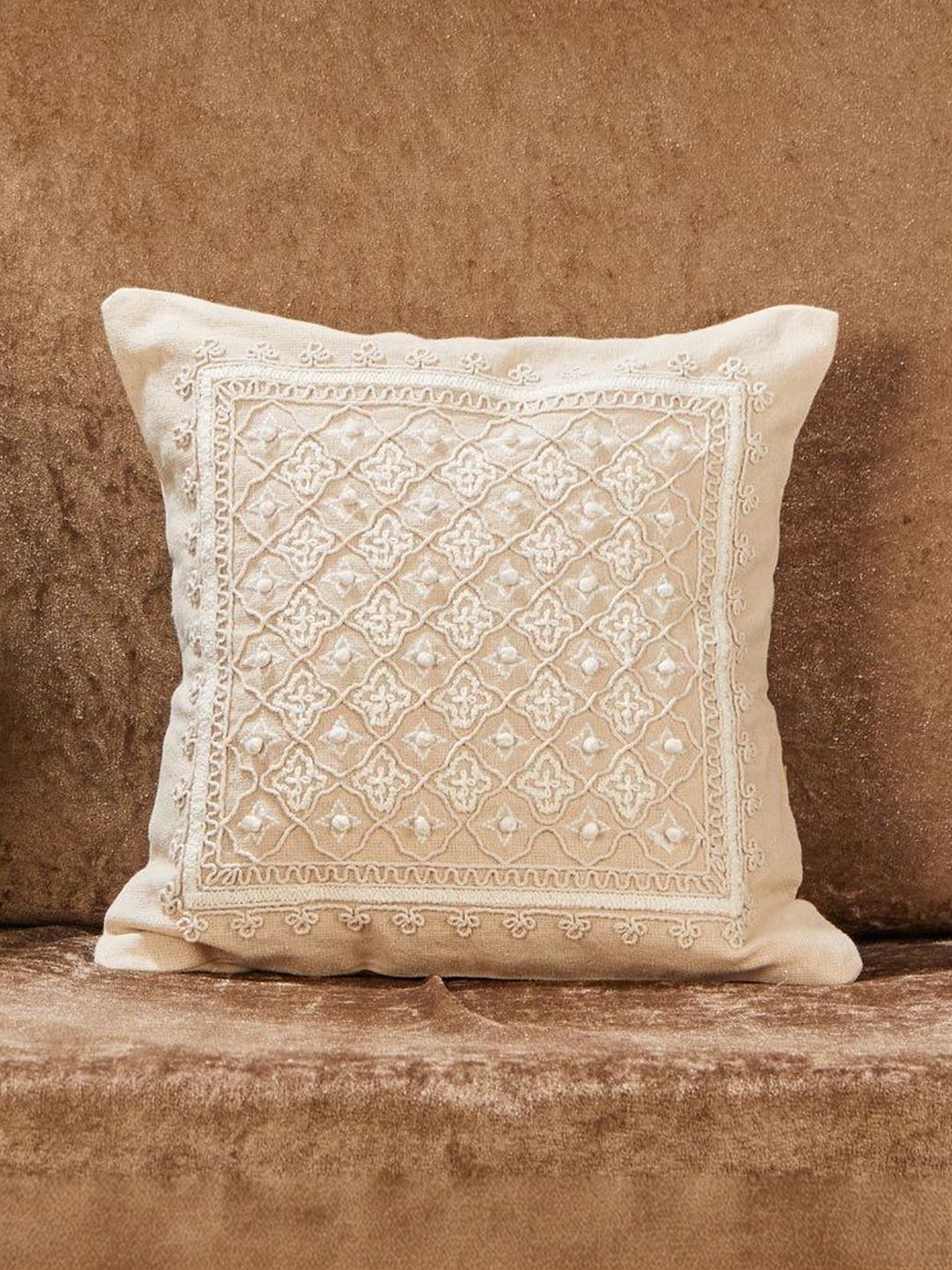 Fabindia Beige & White Embroidered Square Cushion Covers-image-31