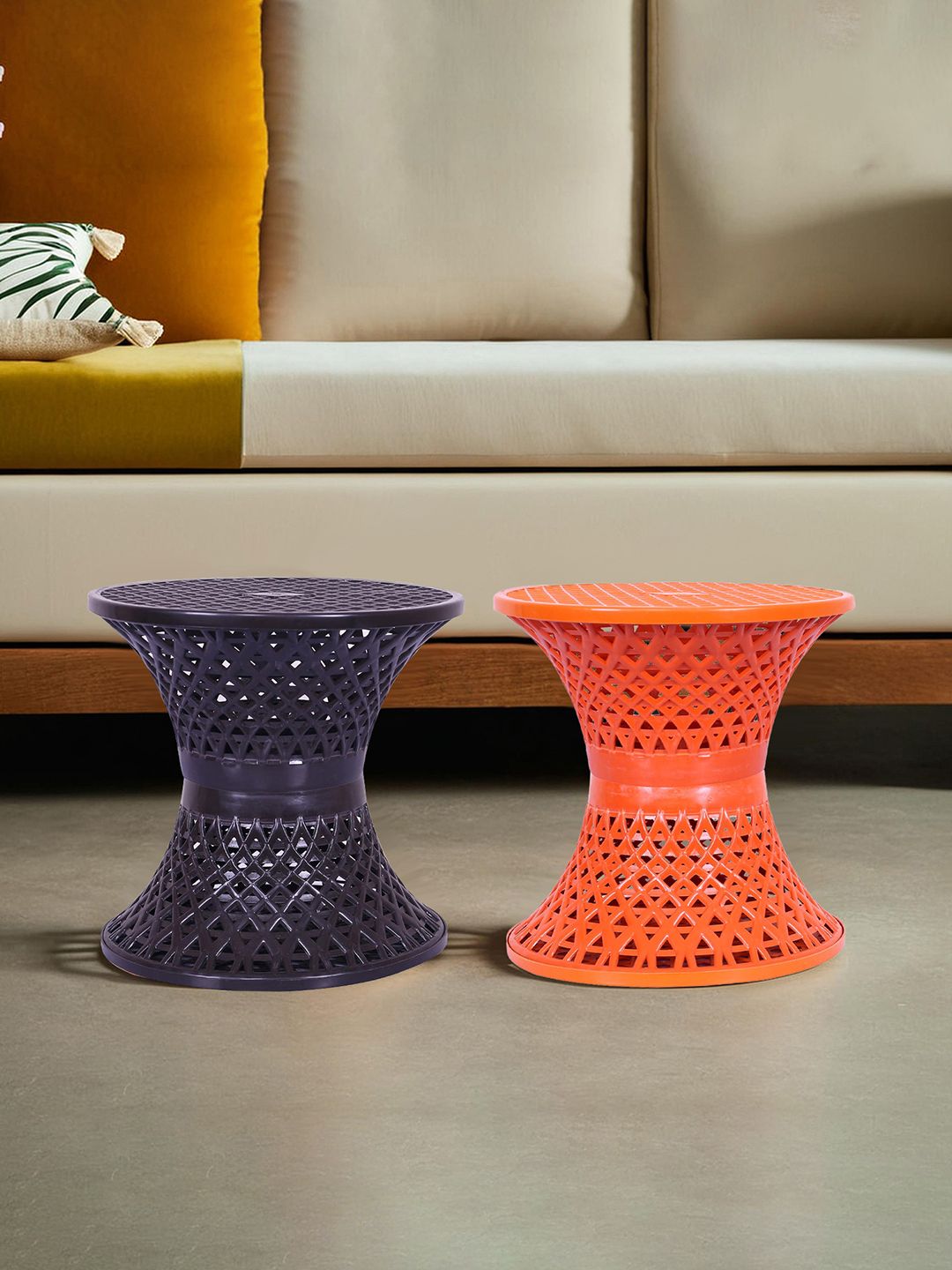 Kuber Industries Orange & Black 2 piece Textured Plastic Stool-picture-16