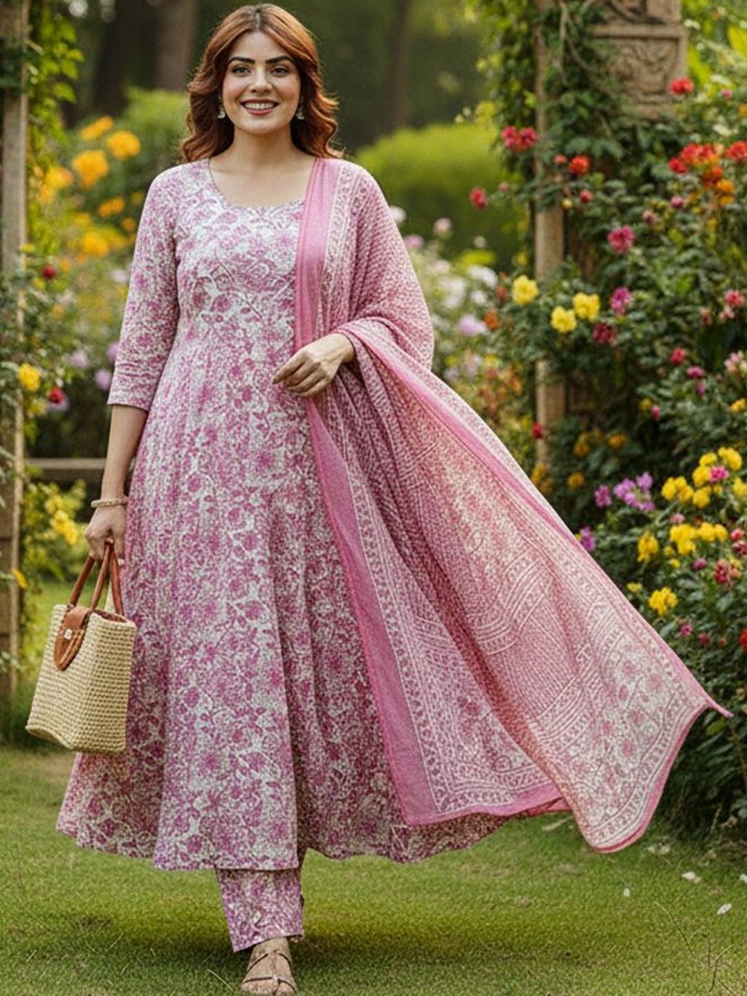 ARADHNA Women Floral Printed Panelled Kurta with Trousers & With Dupatta-picture-5