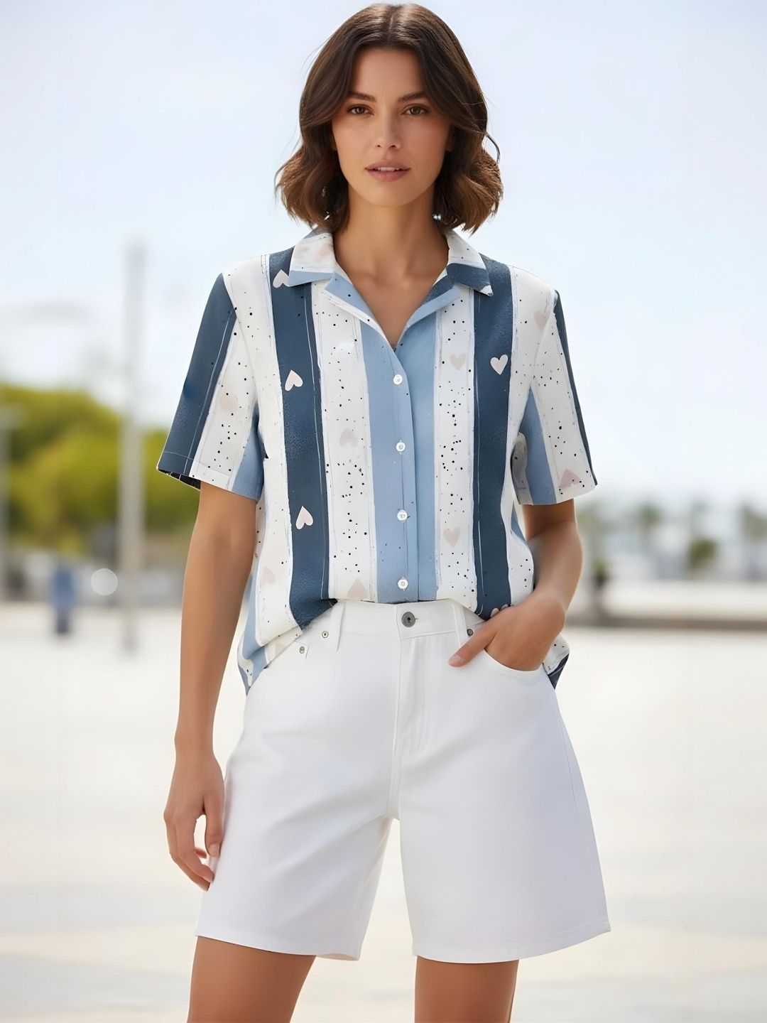 The Roadster Lifestyle Co Striped & Tiny Heart Printed Shirt Collar Shirt Style Top-picture-25