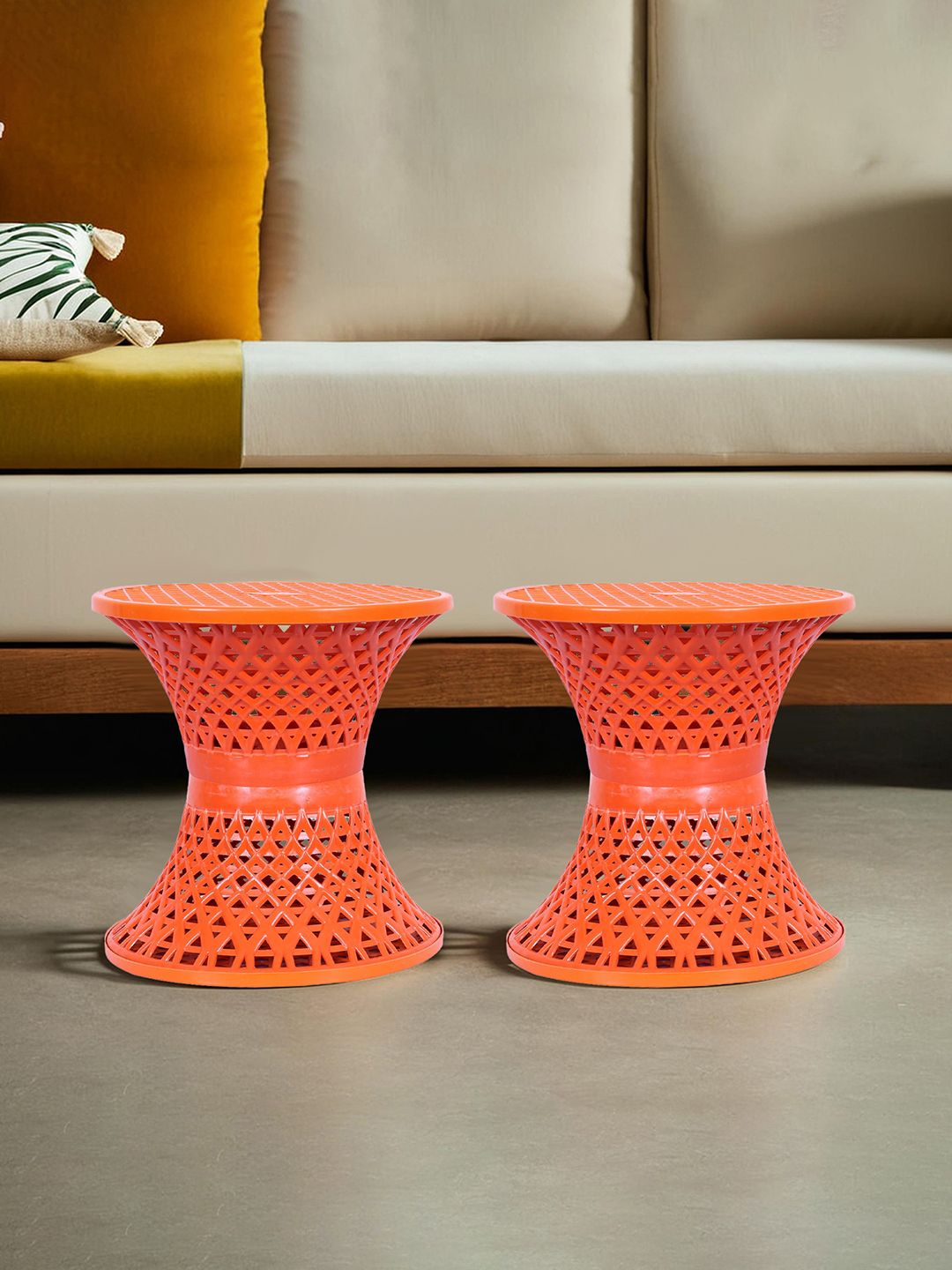 Kuber Industries Orange 2 piece Textured Plastic Stool-image-11