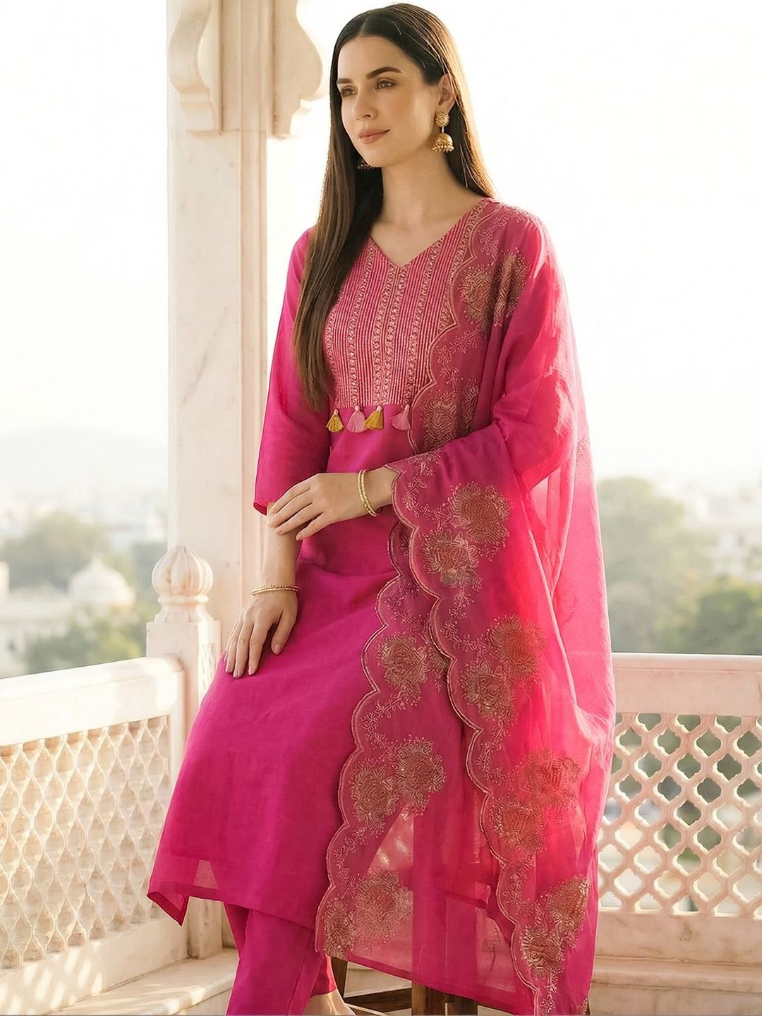 Indo Era Women Ethnic Motifs Embroidered Regular Pure Cotton Kurta with Trousers & With Dupatta-picture-39