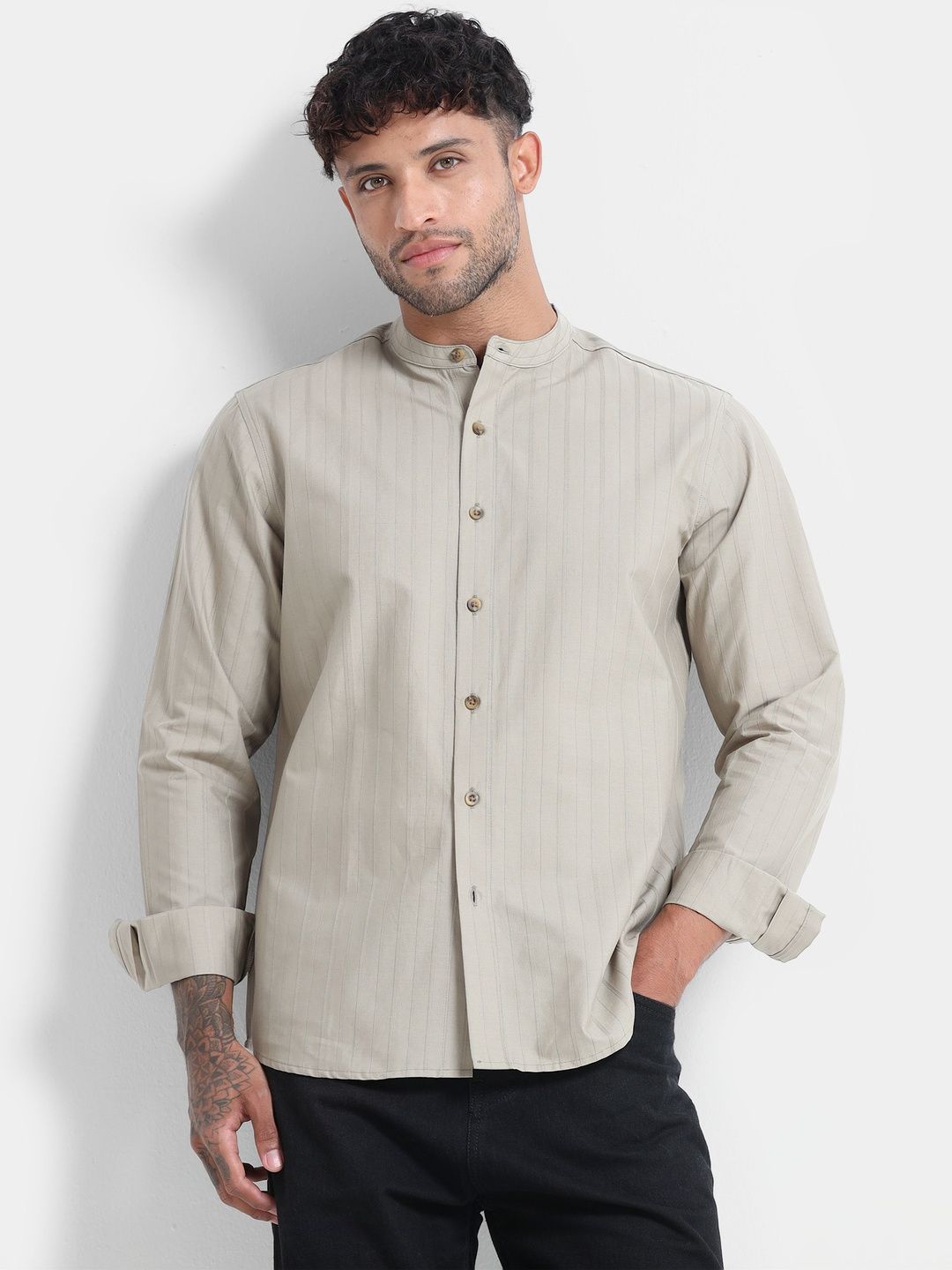 StitchX Men Full Sleeve Textured Striped Mandarin Collar Shirt-picture-11