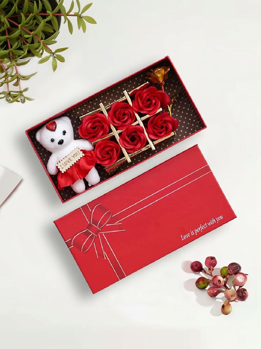 Ascension 8-Pcs Flower & Teddy Bear With 6 Scented Red Rose Gift Set-image-49