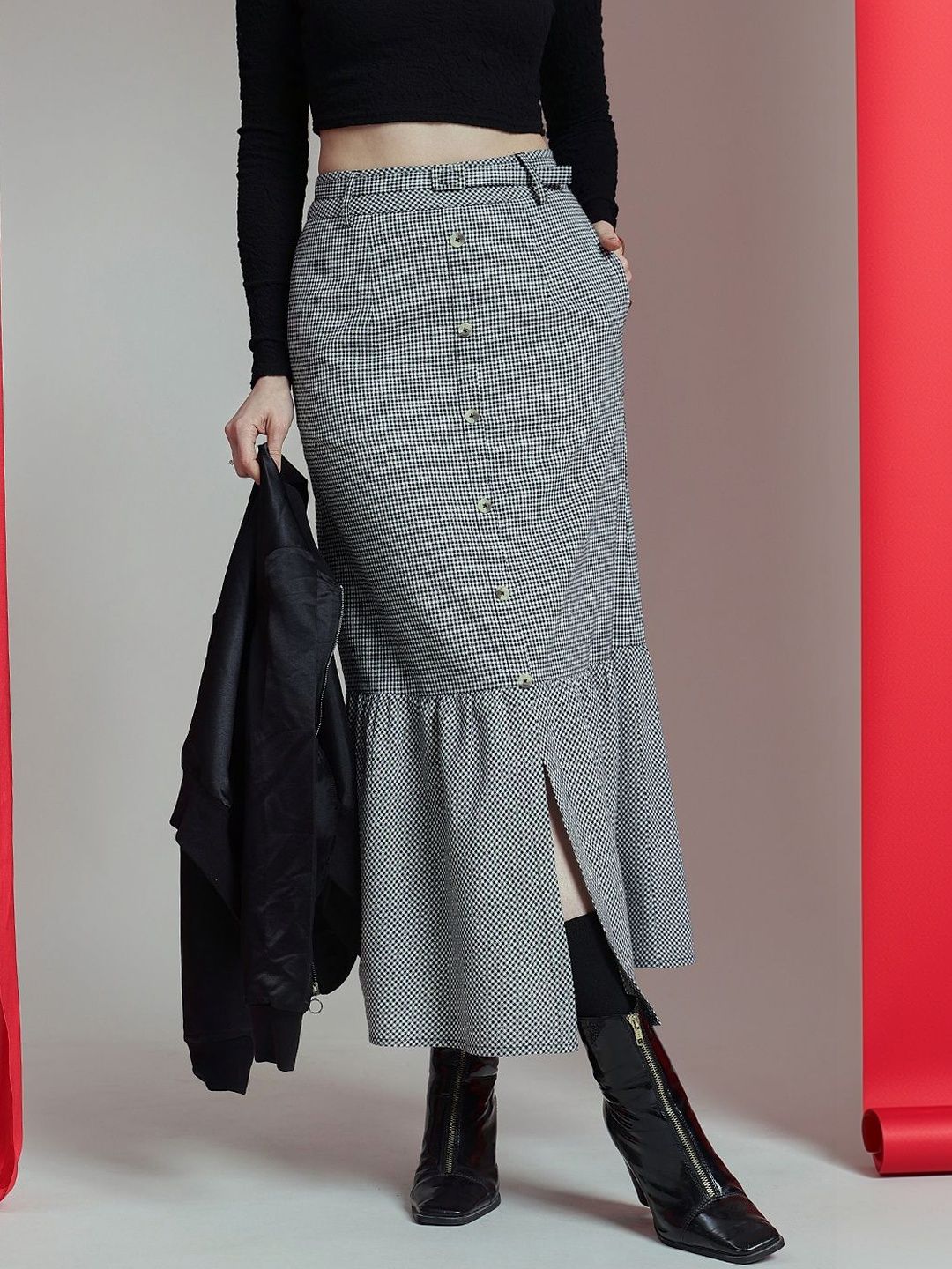 QUIERO Checked Pure Cotton Maxi Straight Skirt-image-38