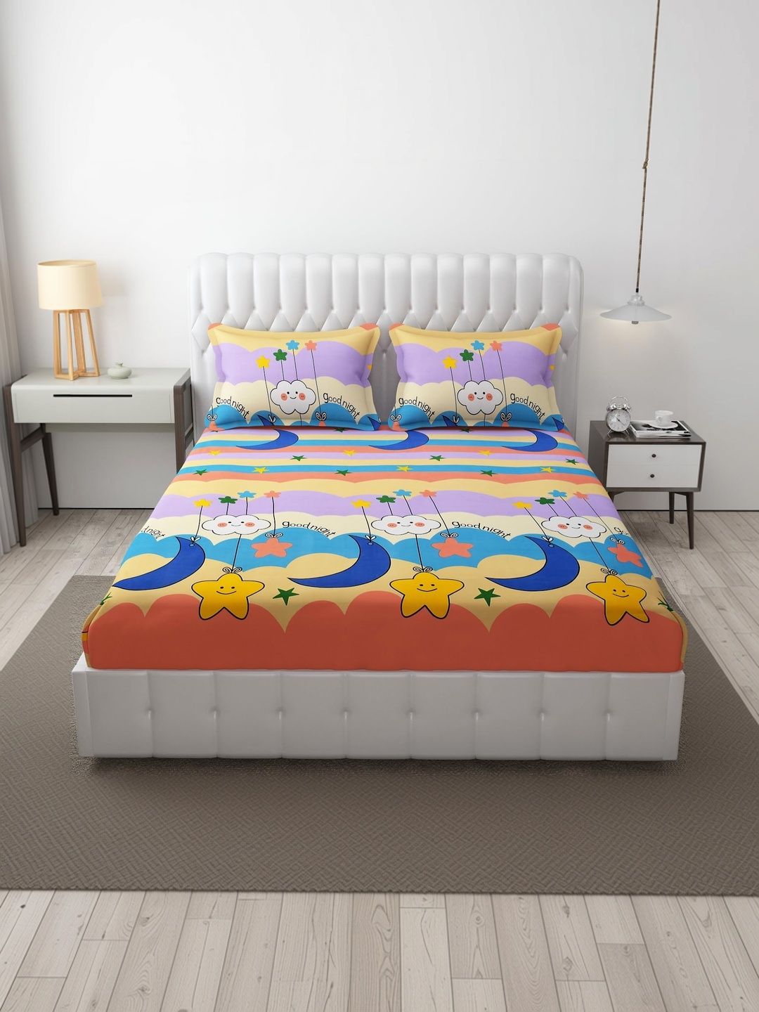 Filymore Multicoloured Cartoon Characters 300 TC Bedsheet with 2 Pillow Covers-image-9
