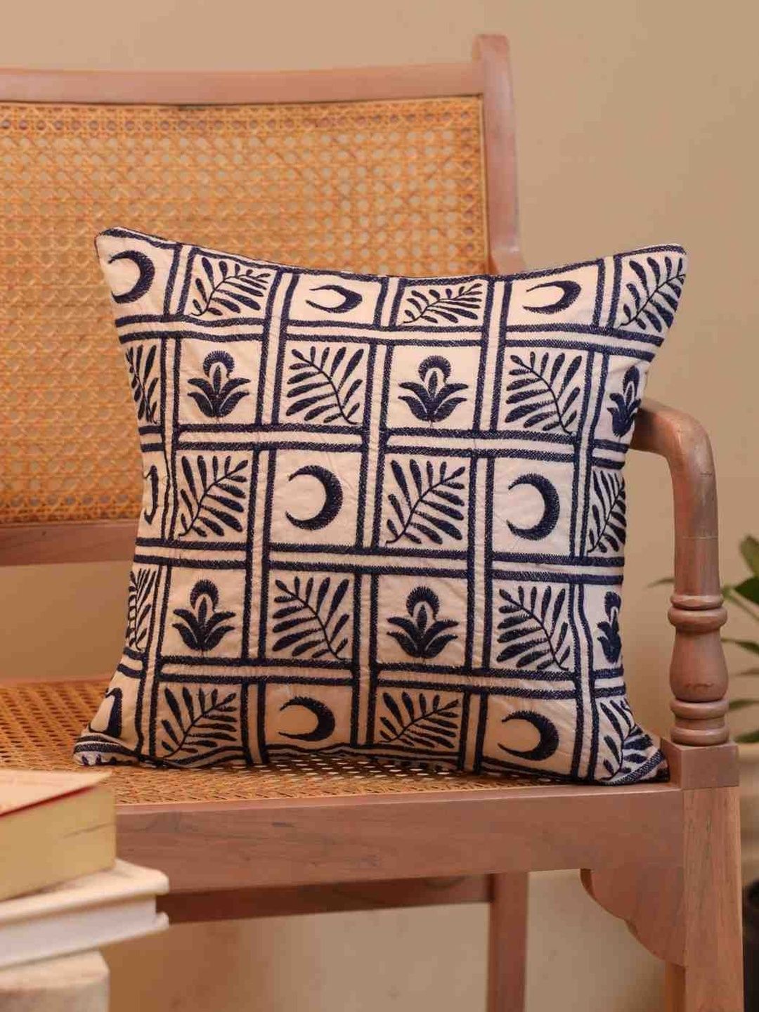 Sangria White Graphic Cotton Embroidered Square Cushion Covers-image-2