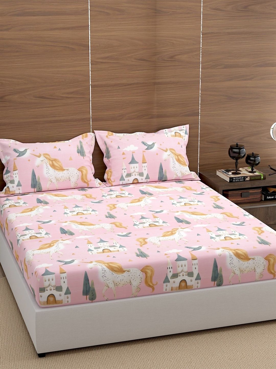 Pure Decor Pink & Multicoloured Conversational 250 TC Queen Bedsheet with 2 Pillow Covers-image-47