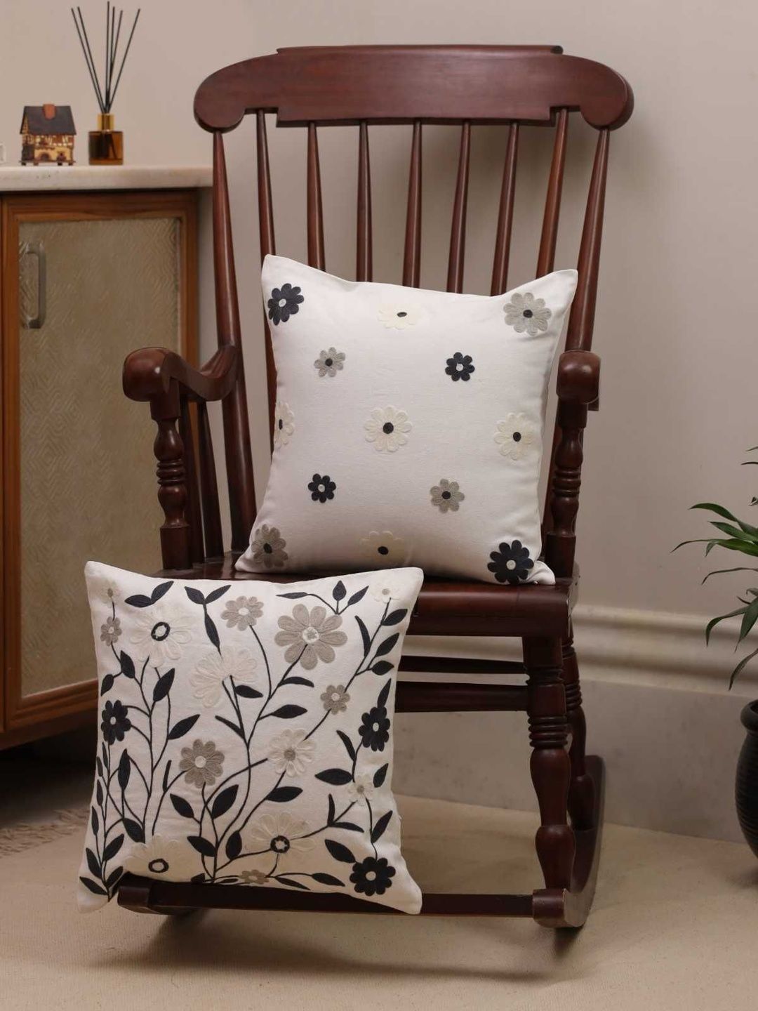 Sangria Set Of 2 White Floral Embroidered Cotton Square Cushion Covers- 16 X 16 Inch-image-15