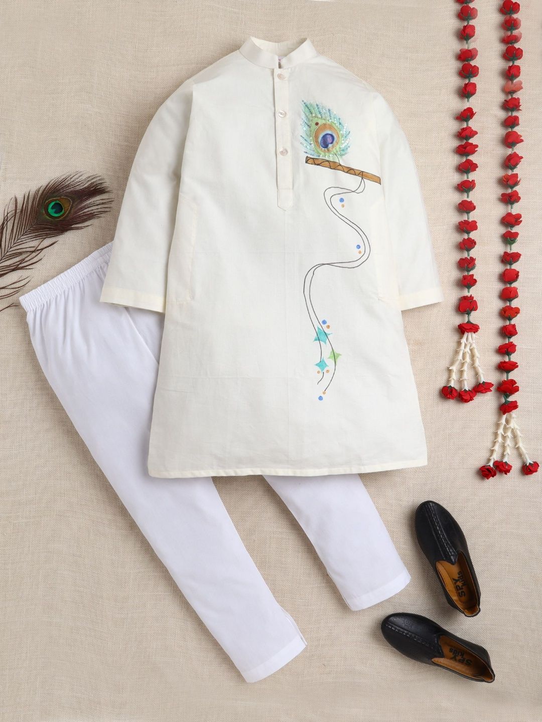 Little Clothings Boys Ethnic Motifs Embroidered Regular Sequinned Kurta with Pyjamas-image-42