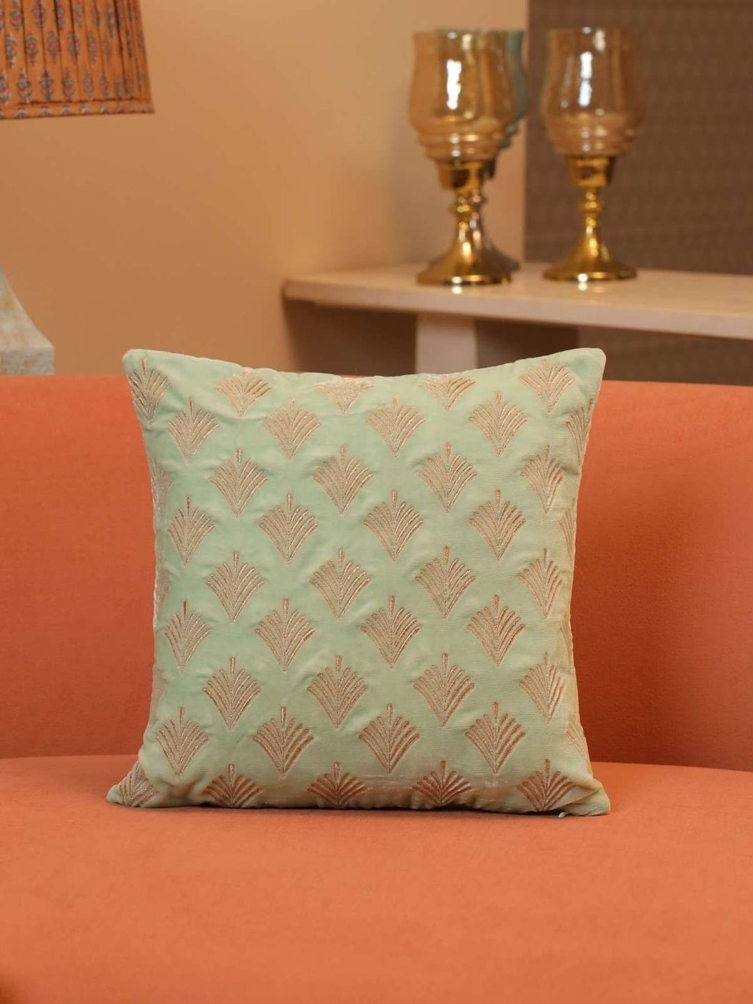 Sangria Green Leaf Cotton Embroidered Square Cushion Covers - 16 X 16 Inch-image-24