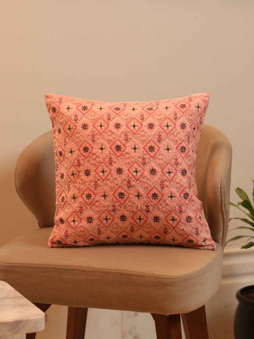 Sangria Peach-Colored Embroidered Velvet Square Cushion Covers - 16 X 16 Inch-image-24