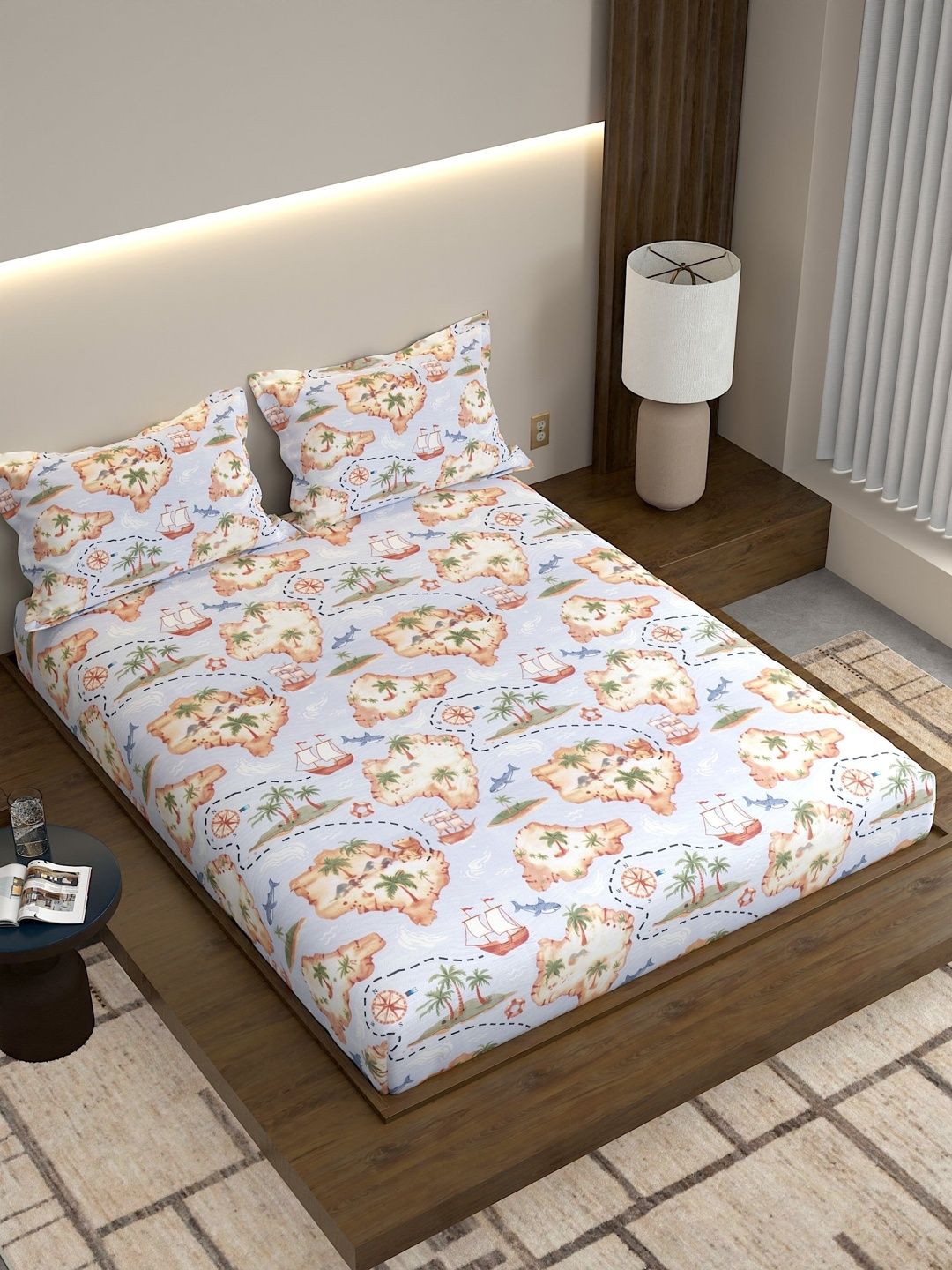 Pure Decor Blue & Multicoloured Conversational 250 TC Queen Bedsheet with 2 Pillow Covers-image-46