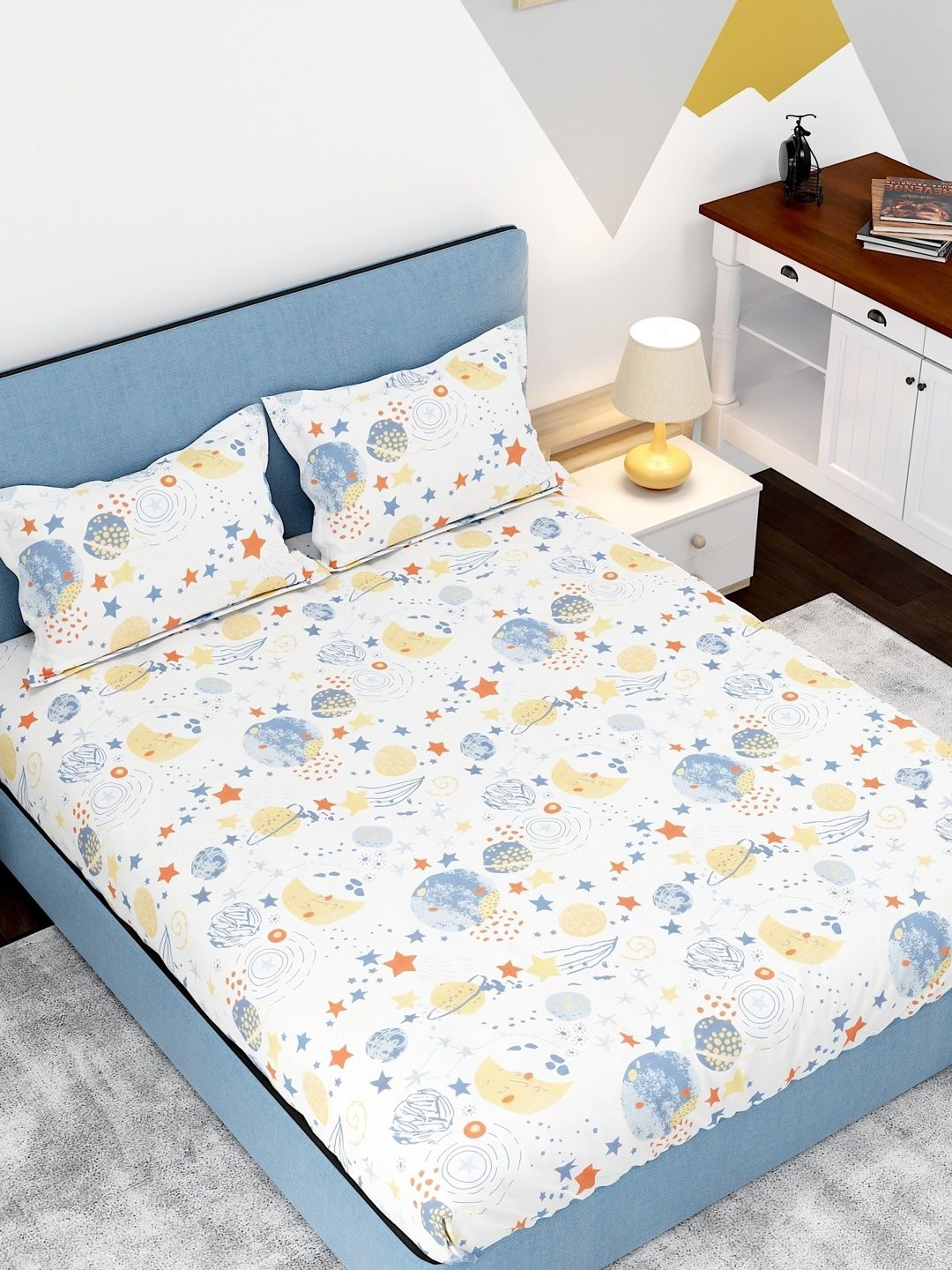 Pure Decor White & Multicoloured Conversational 250 TC Queen Bedsheet with 2 Pillow Covers-image-49
