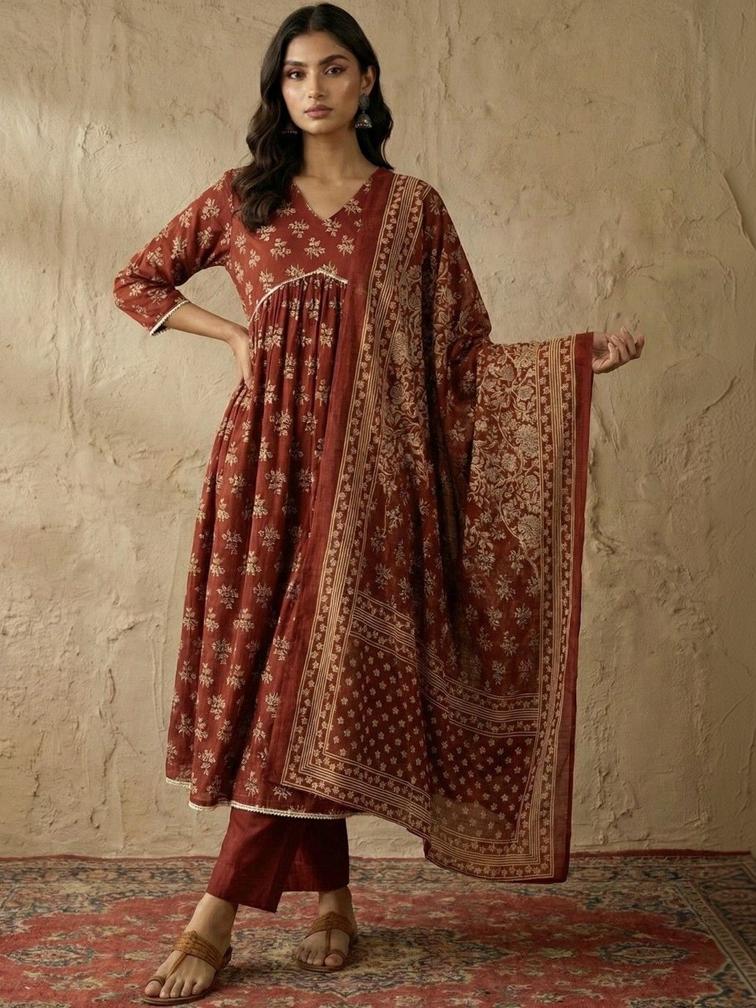 KINDA DESI Women Ethnic Motifs Printed Empire Pure Cotton Kurta with Trousers & With Dupatta-picture-44