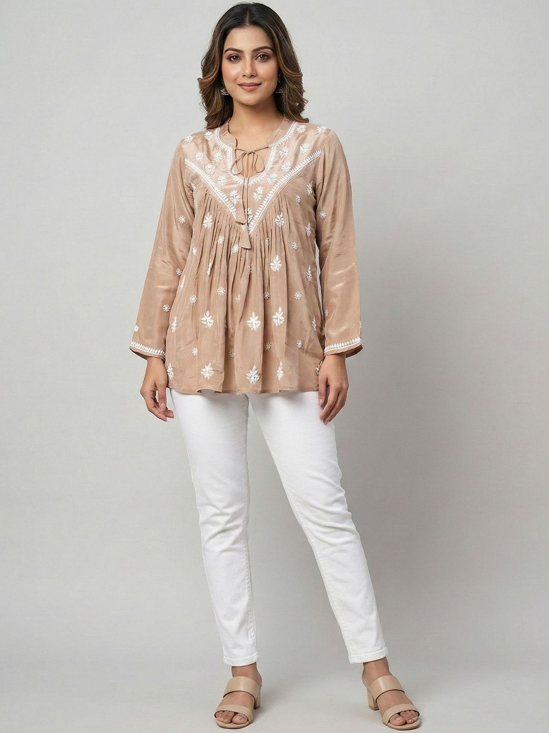 Chikankari Love Ethnic Motifs Embroidered V-Neck Thread Work Pure Crepe Thread Work Empire Kurti-picture-53