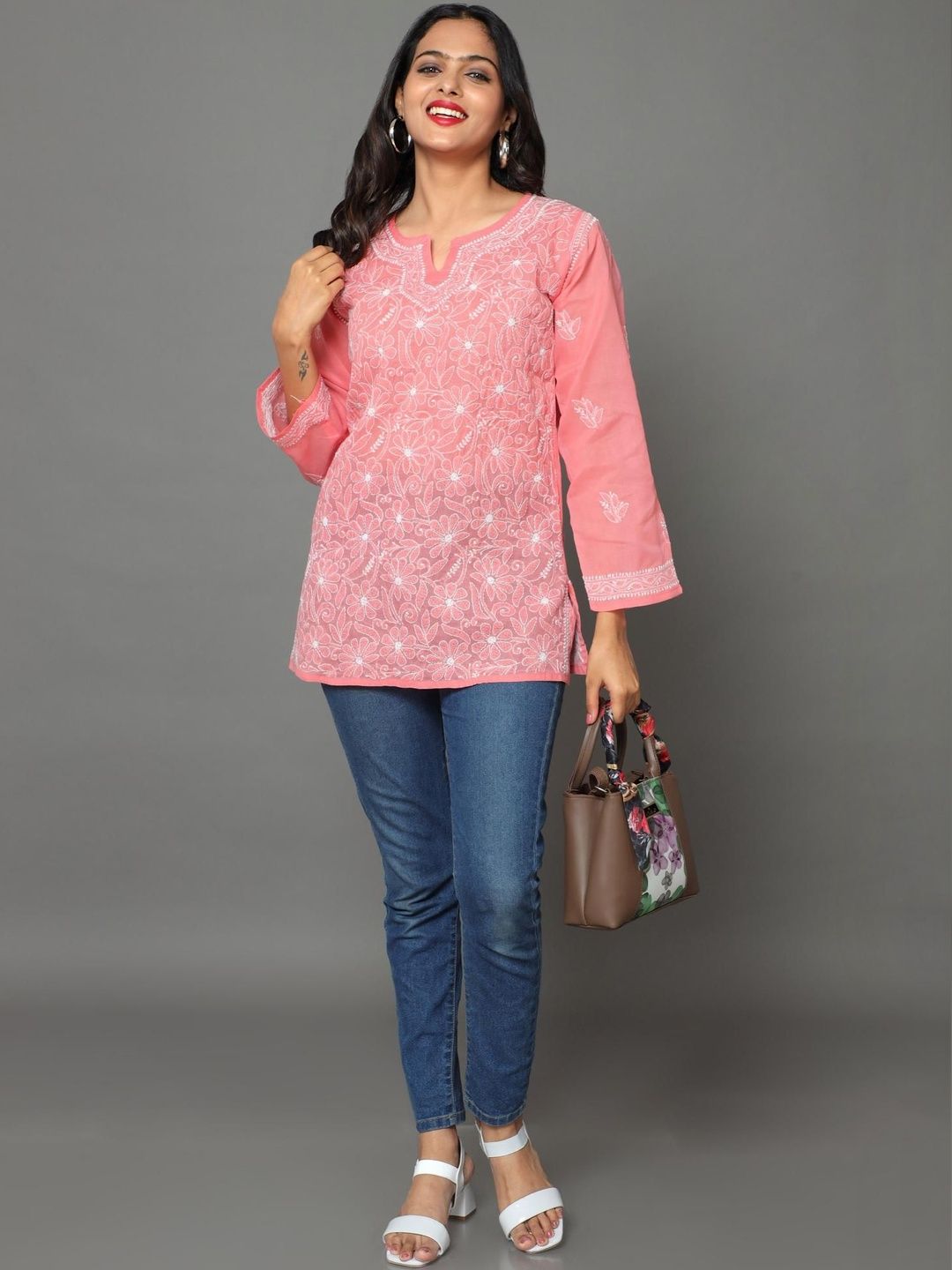 HerClozet Floral Embroidered V-Neck Chikankari Pure Cotton Chikankari Kurti-image-13