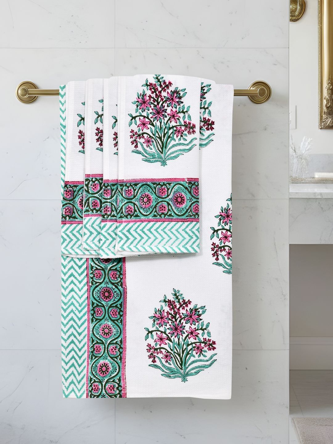 BLOCKS OF INDIA Turquoise Blue & White 5 Piece Printed Cotton 200 GSM Towel Set-picture-13