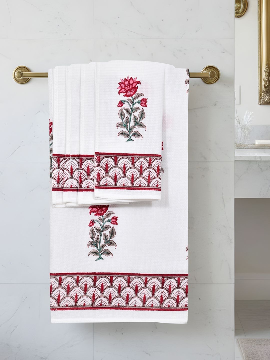 BLOCKS OF INDIA Green & White 5 Piece Printed Cotton 200 GSM Towel Set-picture-5