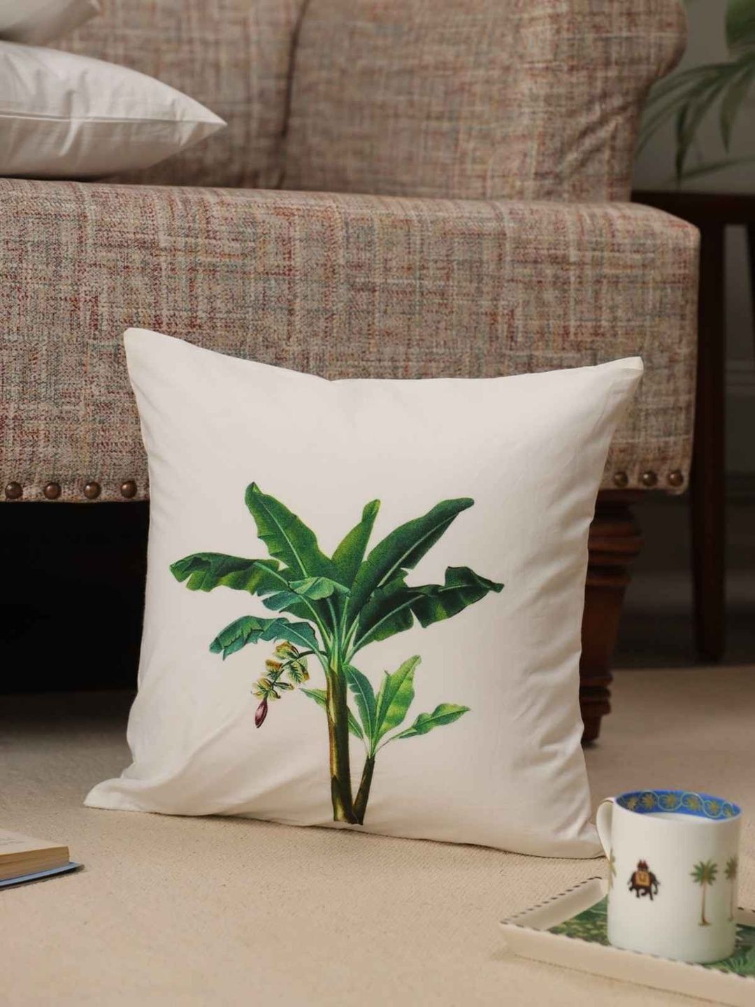 Sangria White & Green The Palm & Desert Safari Cotton Square Cushion Cover-16 x 16 Inch
