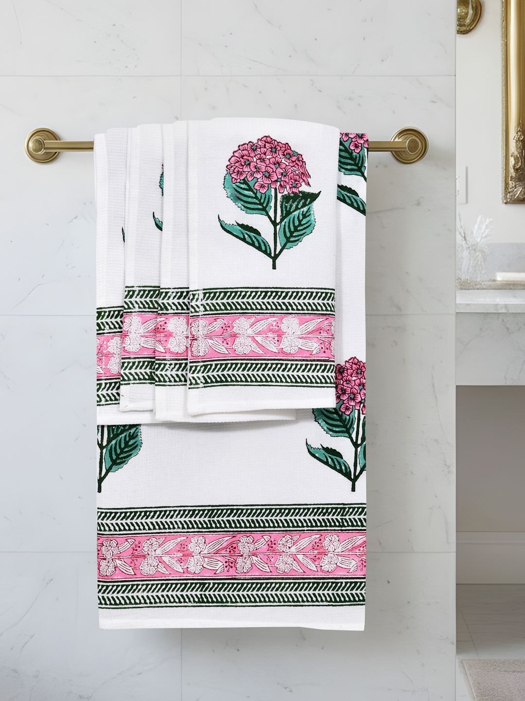BLOCKS OF INDIA Pink & Green 5 Piece Printed Cotton 200 GSM Towel Set-picture-45