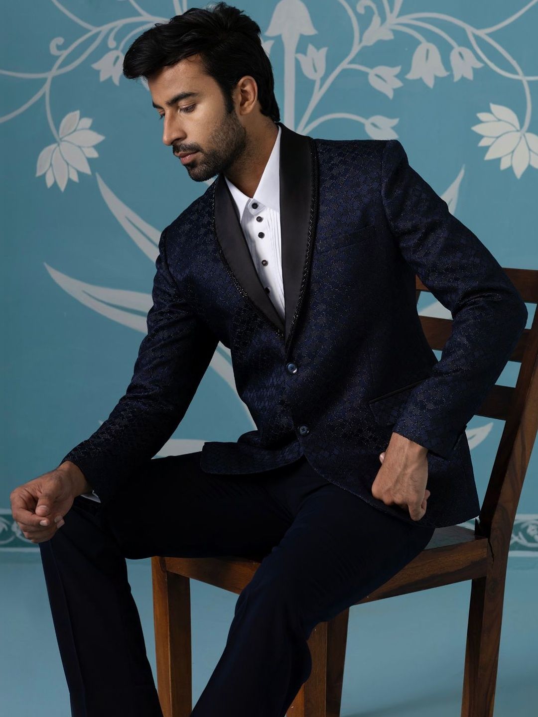 Navy Single Breasted Blazer Textured Blazer With Tuxedo Shirt-image-39